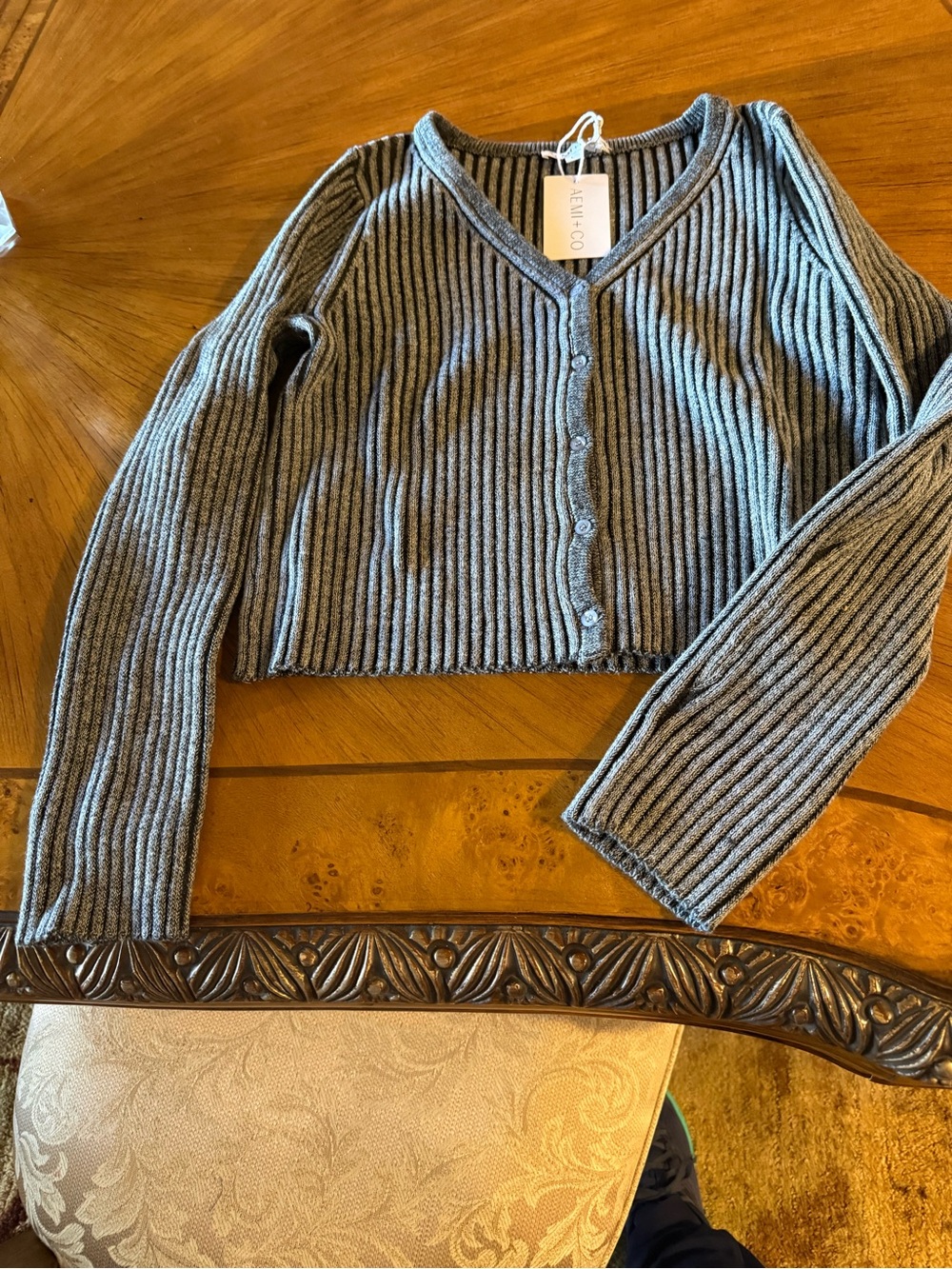 AEMI+Co Cropped Ribbed V-Neck Cardigan Sweater - Gray/Black